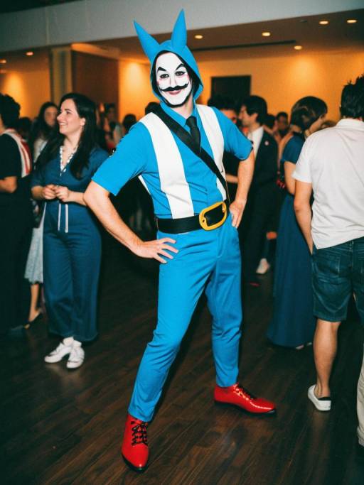 Man in Blue Costume with Painted Face at Party