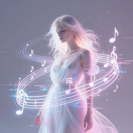 Digital artwork of a white-haired woman in a flowing white dress, surrounded by glowing musical notes, against a gradient blue-purple background. Ethereal and dream