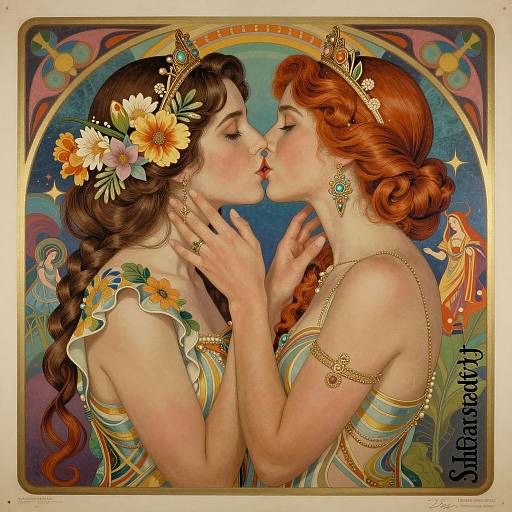 Art Nouveau Style Embrace of Two Women
