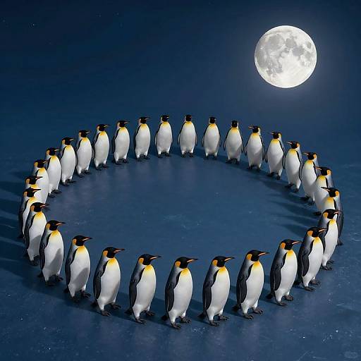 Photograph of 20 Emperor penguins forming a circle on a dark blue icy surface under a bright full moon in the night sky.