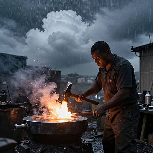 Photograph of a Black man in a dark shirt, standing in the rain, hammering a glowing forge with bright orange sparks, under a cloudy,