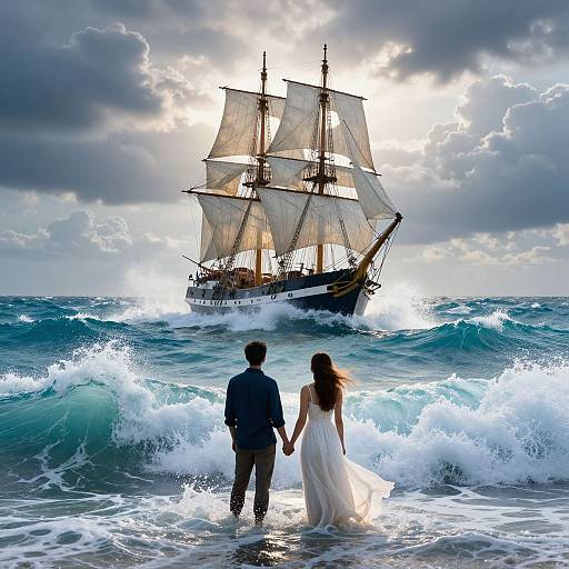 Photograph of a couple in white and blue holding hands, watching a large sailing ship approaching through crashing ocean waves under a dramatic, cloudy sky.