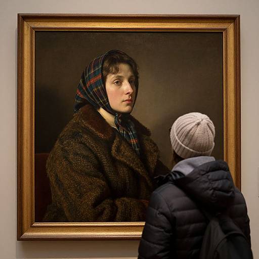 Photograph of a museum painting depicting a young woman in a plaid headscarf and brown coat, with a child in a white beanie and