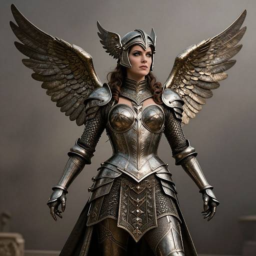Digital artwork of a fierce, winged female warrior in silver, intricately detailed armor with a helmet, standing against a dark, cloudy background. Her