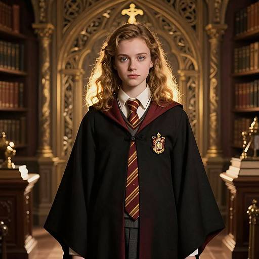 Photograph of a young girl with curly blonde hair, wearing a Hogwarts school robe and striped tie, standing in a grand, ornate library with book