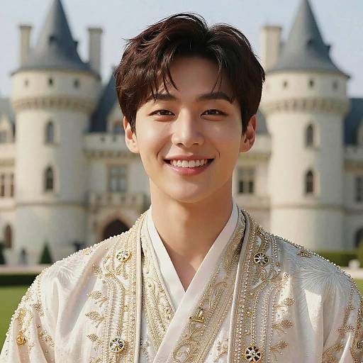 Young Man in Elegant Royal Dress at Castle