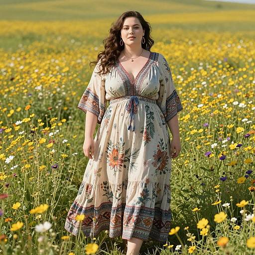 Photograph of a curvy, fair-skinned woman with long dark hair, wearing a floral dress, standing in a sunny, colorful wildflower field