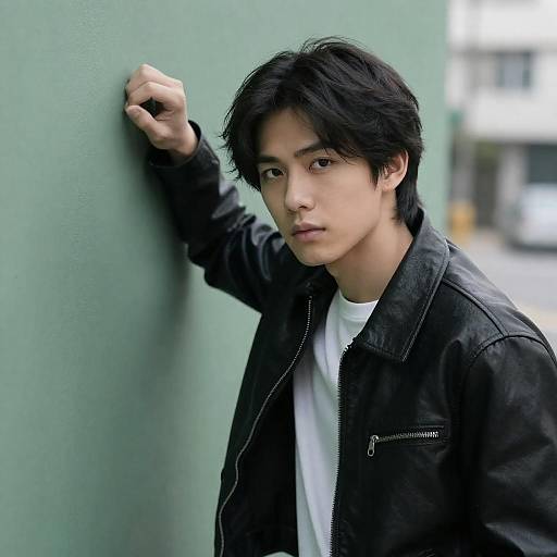 Serious Young Man Against Green Wall