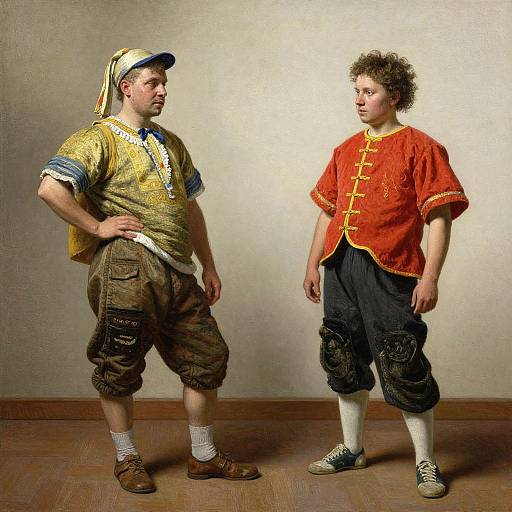 Photograph of two men in historical costumes: one in gold shirt, brown pants, and cap, the other in red tunic, black pants,