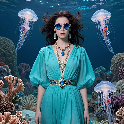 Photograph-style digital art of a woman with blue circular sunglasses, turquoise dress, and gold jewelry, standing underwater among jellyfish and coral.