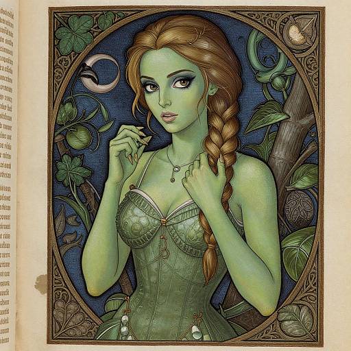 Digital illustration of a green-skinned, red-haired fairy with braided hair, wearing a green corset, surrounded by vines and leaves, framed in
