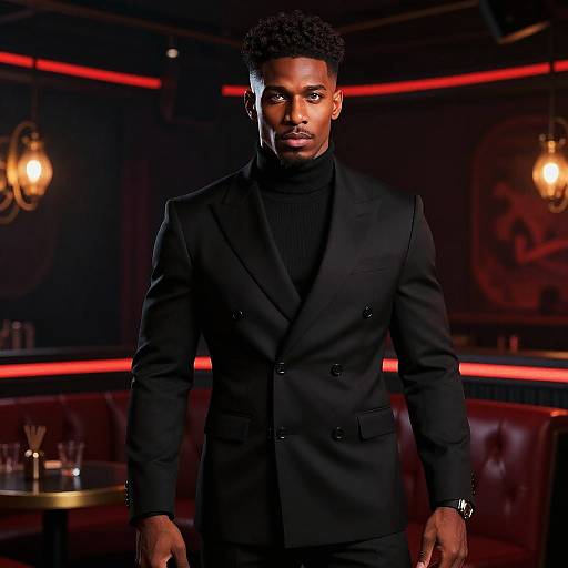 Photograph of a handsome Black man with short curly hair, wearing a black double-breasted suit and turtleneck, standing confidently in a dimly
