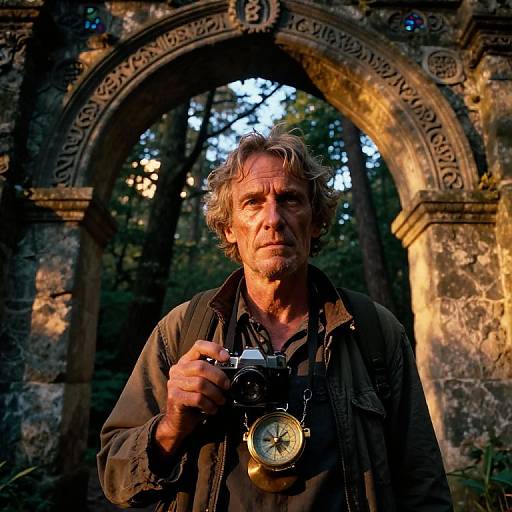 Photograph of a middle-aged man with unkempt hair, holding a vintage camera and compass, standing in front of a sunlit, ancient stone arch