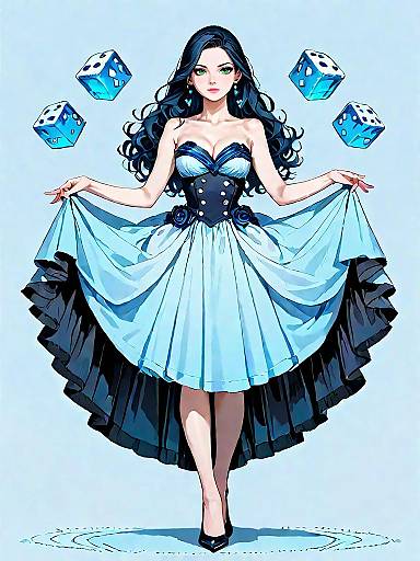 Elegant Woman in Blue Strapless Gown with Floating Dice
