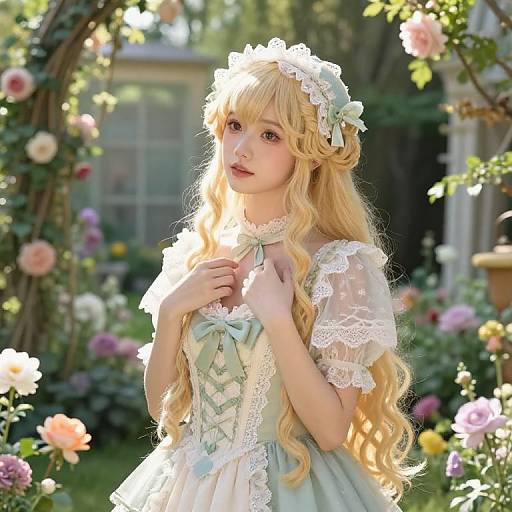 Photograph of a young, fair-skinned woman with long, wavy blonde hair, wearing a pastel green and white lace dress, floral head