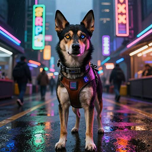 Cyberpunk Dog with Heterochromatic Eyes in Neon City