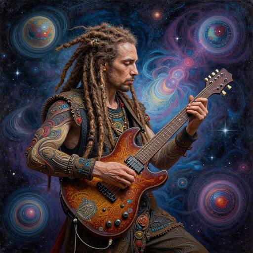 Photograph-style digital art of a dreadlocked man playing a sunburst electric guitar in a cosmic, swirling galaxy background. Vibrant colors, intricate patterns