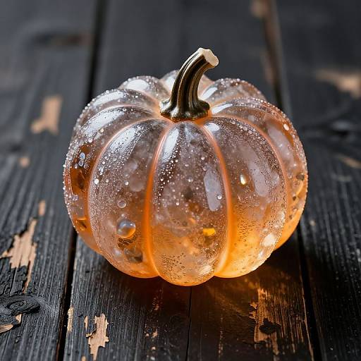 Photograph of a glowing, transparent, orange-hued glass pumpkin with water droplets, on a dark, worn wooden surface.