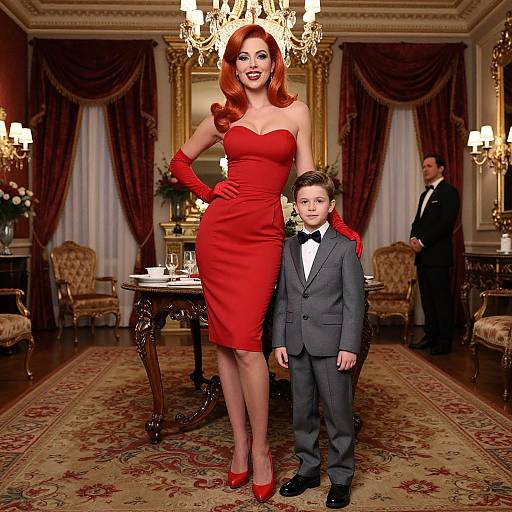 Photograph-style digital illustration: Tall red-haired woman in strapless red dress and gloves, red heels, standing with young boy in gray suit and bow