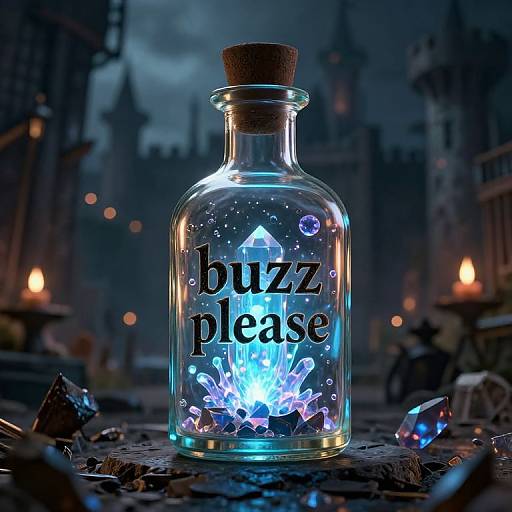 Photograph of a glowing, crystal-filled glass bottle with 