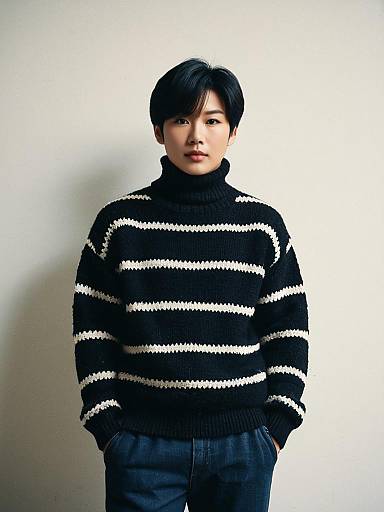 Asian Man in Black and White Striped Turtleneck Sweater