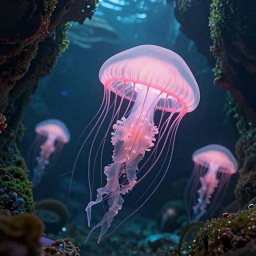 Photograph of glowing pink jellyfish with long, translucent tentacles floating in a dark, underwater coral reef, illuminated by blue light.