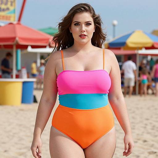 Plus-Size Woman in 1980s Beachwear