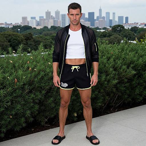 Photograph of a fit, short-haired man in black jacket, white shirt, black shorts with 