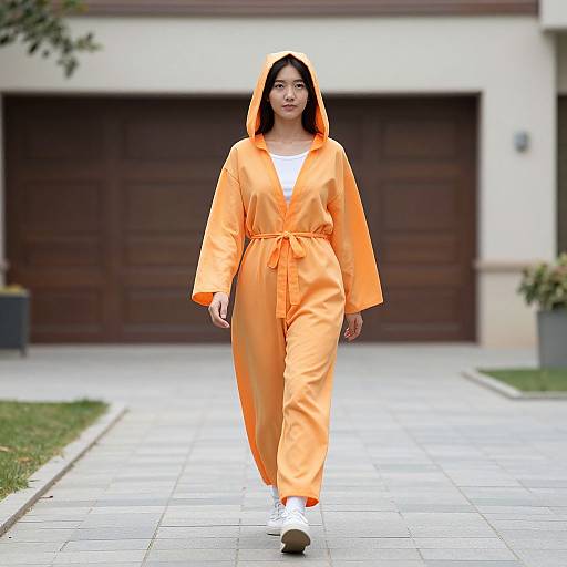 Photograph of an Asian woman in an orange hooded jumpsuit, white shirt, and white sneakers, walking on a suburban sidewalk.