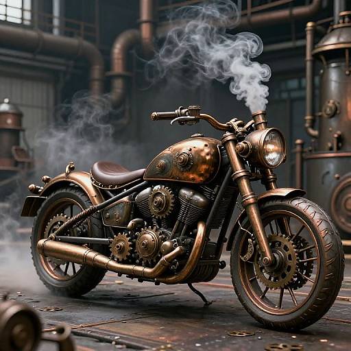 Photorealistic CGI of a bronze, vintage-style motorcycle with smoking exhaust, set in an industrial, steam-pipe-filled warehouse.