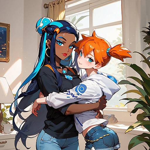 Digital art of two anime-style women hugging in a sunlit room; one with long blue hair, dark skin, black shirt; the other with
