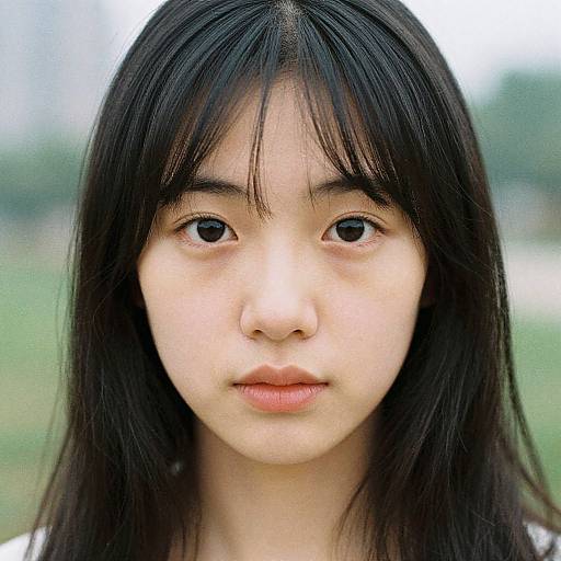 Close-up photograph of an Asian woman with straight black hair, fair skin, and neutral expression, set against a blurred outdoor background.