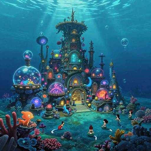 Underwater fantasy castle with glowing windows, colorful orbs, and illuminated fish, surrounded by vibrant coral and marine life. Digital art style.