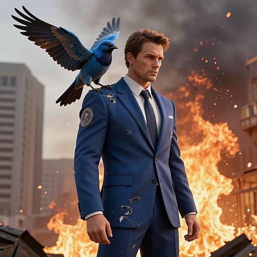 Photograph of a handsome man in a blue suit, with a blue raven on his shoulder, standing amid fiery chaos and burning buildings.