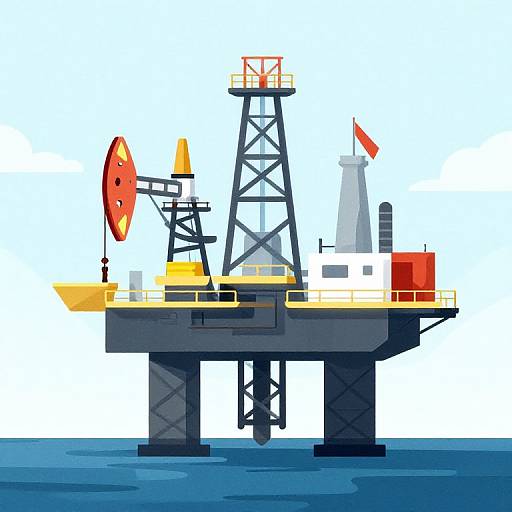 Digital illustration of a simplified offshore oil rig with a yellow platform, black lattice tower, red warning flag, orange safety equipment, and blue water background.
