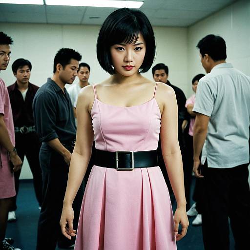 Young Asian Woman in Pink Dress with Black Belt