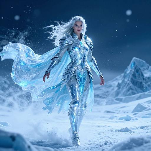 Digital artwork of a fierce, white-haired woman in glowing blue and silver ice armor, striding through a snowy, starlit landscape.