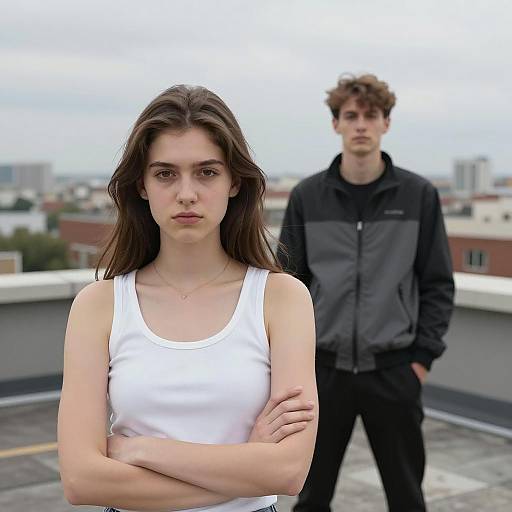 Serious young woman on rooftop with man in background