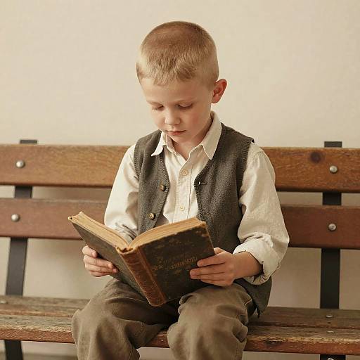 Photograph of a young boy with short blonde hair, reading an old book on a wooden bench, wearing a white shirt and dark gray vest.