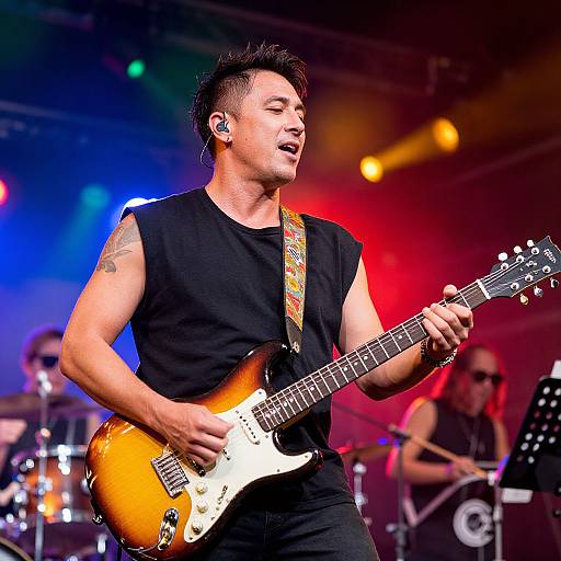 Photograph of an Asian male rock guitarist with short black hair, sleeveless black shirt, and orange sunburst electric guitar, passionately playing on stage with