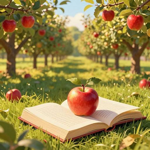 Golden-Hour Orchard with Enchanted Book