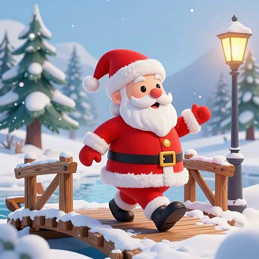 Digital cartoon of a cheerful Santa Claus with a white beard and red suit, waving on a snow-covered wooden bridge by a lamppost. Snowy