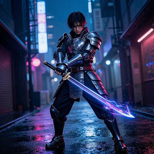 Cyberpunk warrior in gleaming black armor, wielding a glowing blue sword, stands in a neon-lit, rain-soaked alley. Digital art