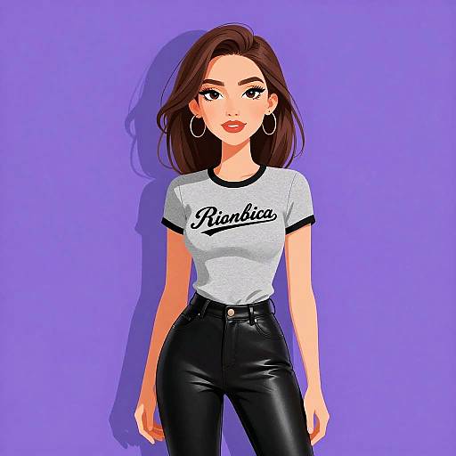 Digital drawing of a stylish woman with long brown hair, wearing a white 