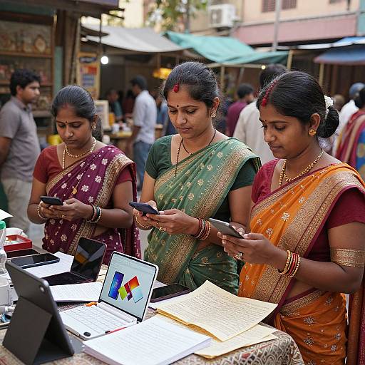 Photograph of three Indian women in colorful sarees, intently using smartphones at a busy outdoor market stall with a laptop and documents.
