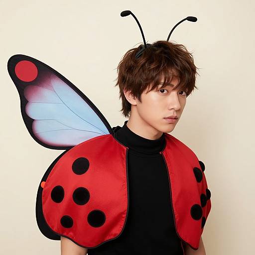 Photograph of a young Asian man with brown hair, wearing a black shirt and red butterfly costume with black polka dots and blue wings.
