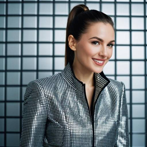 Smiling woman in metallic silver jacket