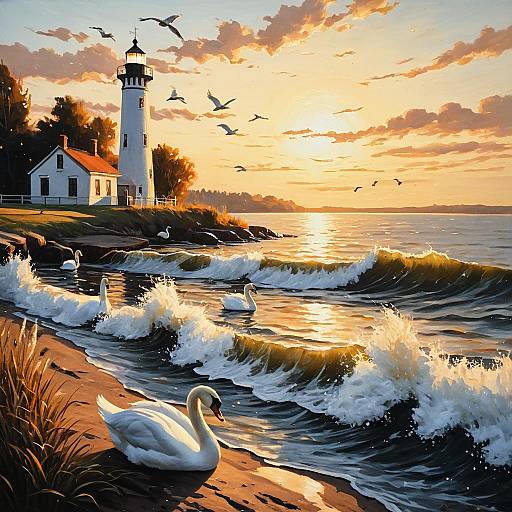 Serene Lakeside with Swans and Lighthouse at Sunset