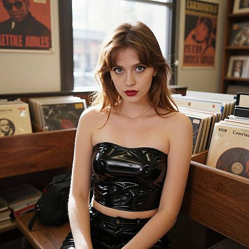 Photograph of a fair-skinned woman with brown hair, wearing a shiny black strapless top, sitting in a vintage record store.
