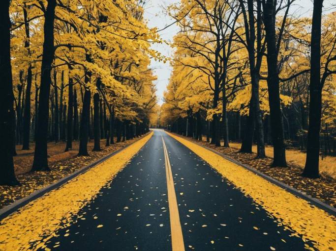 Autumn Road with Vibrant Yellow Leaves